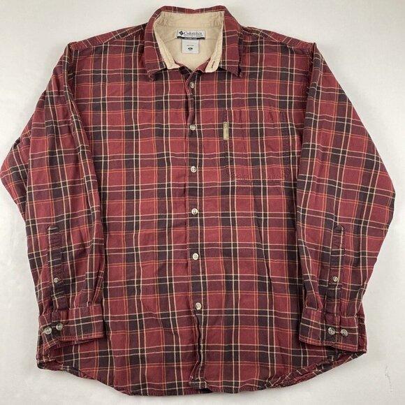 Columbia Button Up Plaid Shirt Men’s XL Cotton Reds Orange Long Sleeve Outdoors - Picture 2 of 10